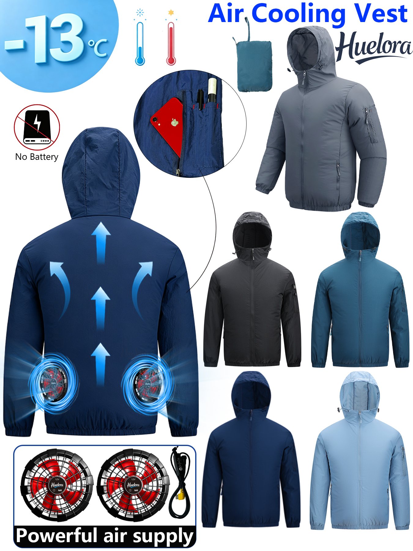 Fishing Hoodie - Herren-Kühljacke mit Kapuze und USB-Anschluss, Doppellüfter,
